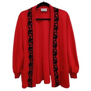 VTG 90s Three Flaggs Cardigan Womens Small Red Velvet Leave Trim Holiday